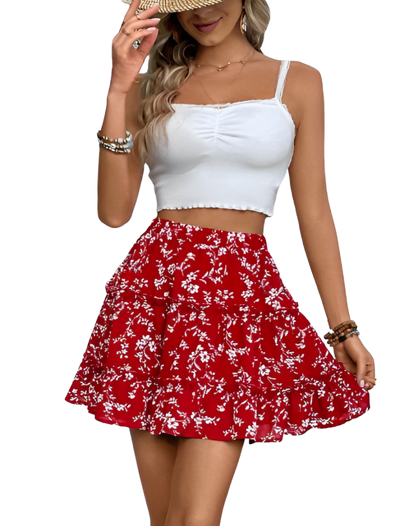 Ruffled skirt with floral pattern and high waist