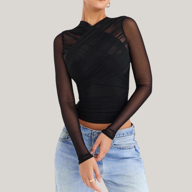 Sheer Mesh Top With Long Sleeves and Layered Wrap Design