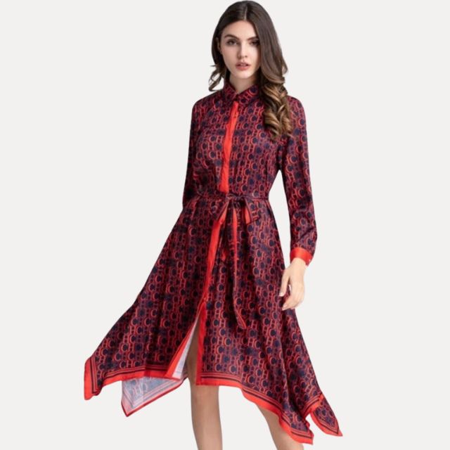 Asymmetric shirt dress with print and belt