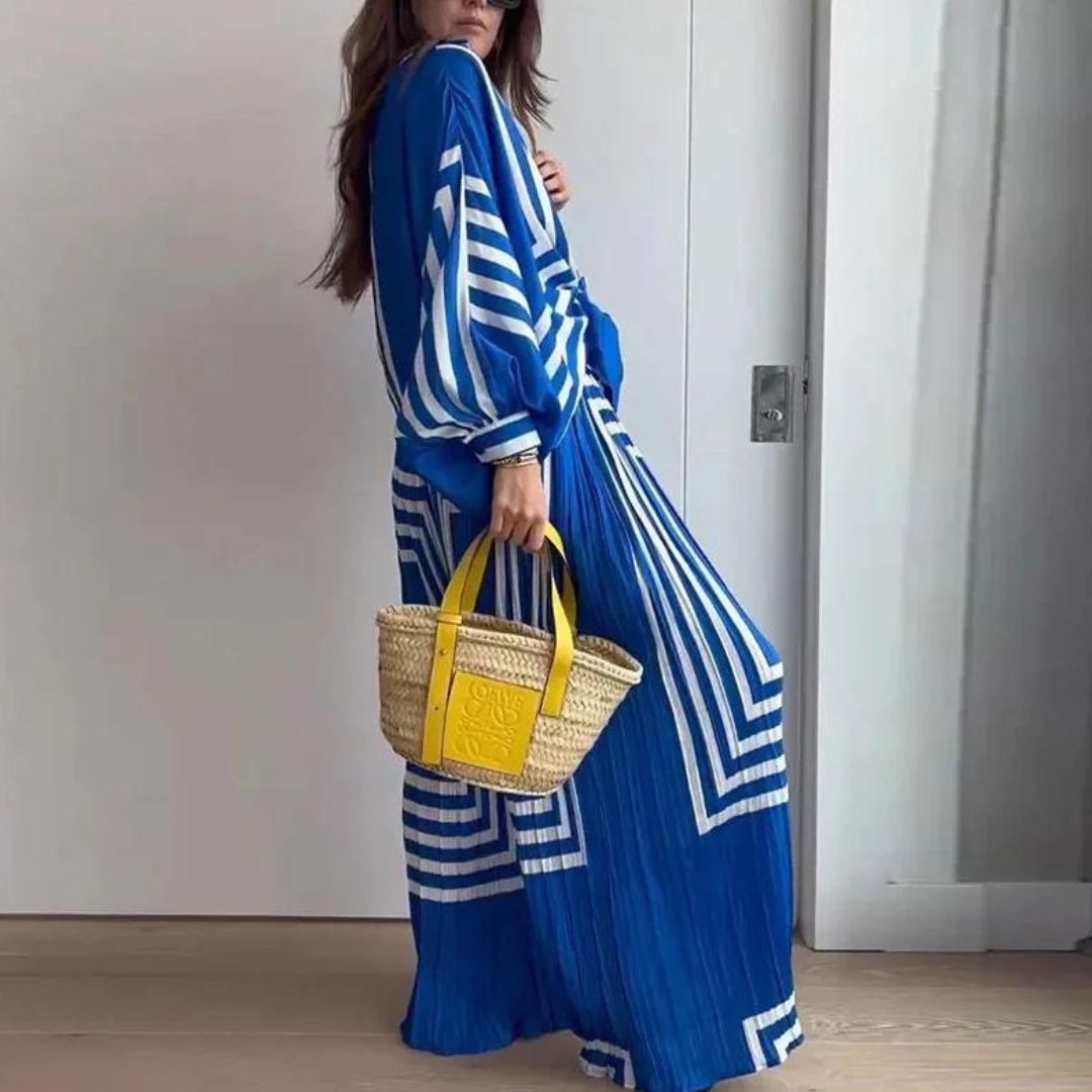 Striking striped shirt and wide-leg trousers