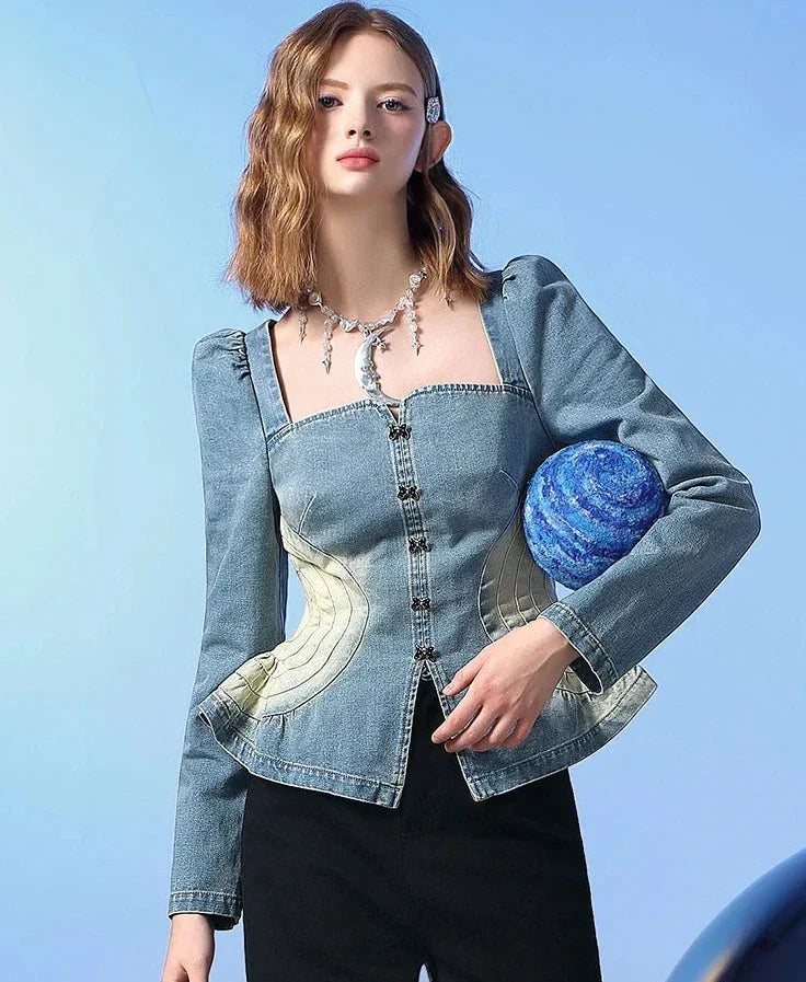 Ladies blue denim luxury top