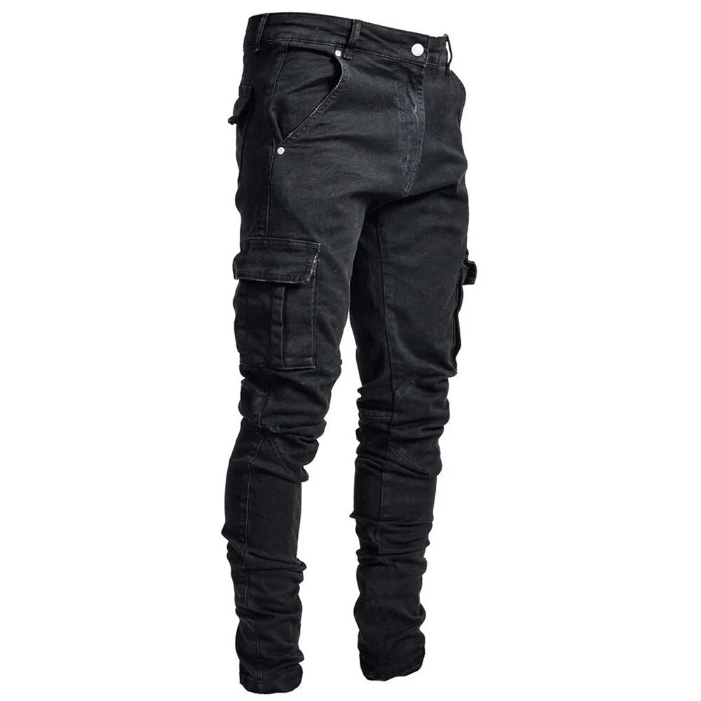 Multi-Pocket Denim Cargo Trousers for Men