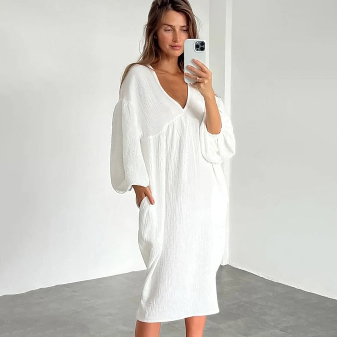 Women's - Airy Cotton Midi Dress - Lantern Sleeves & V-Neckline - Perfect for Effortless Style