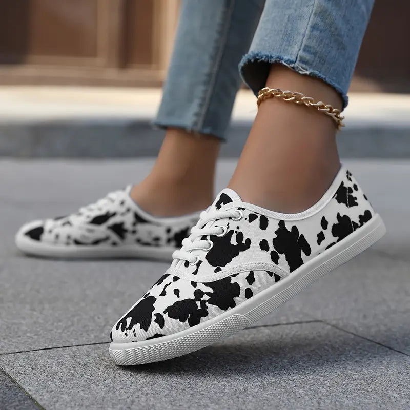 Women's - Slip-On Loafers - Lightweight Canvas Shoes with Cow Print - Stylish Comfort for Everyday Wear