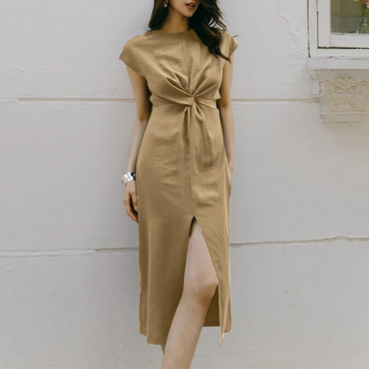 Women's Short Sleeve Front Twist Midi Dress with Slit