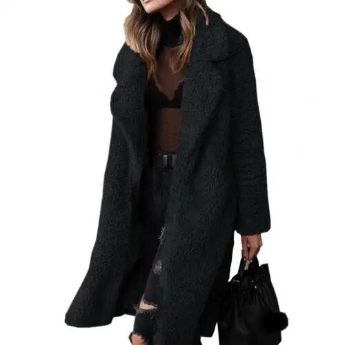 Plush warm cardigan lapel long sleeve midi coat