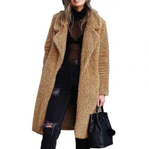 Plush warm cardigan lapel long sleeve midi coat