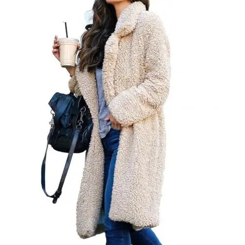 Plush warm cardigan lapel long sleeve midi coat