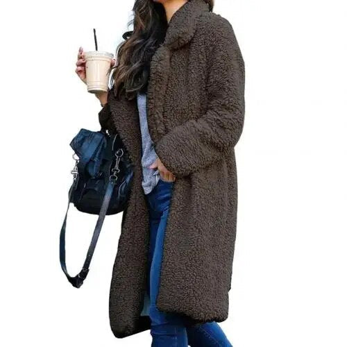 Plush warm cardigan lapel long sleeve midi coat