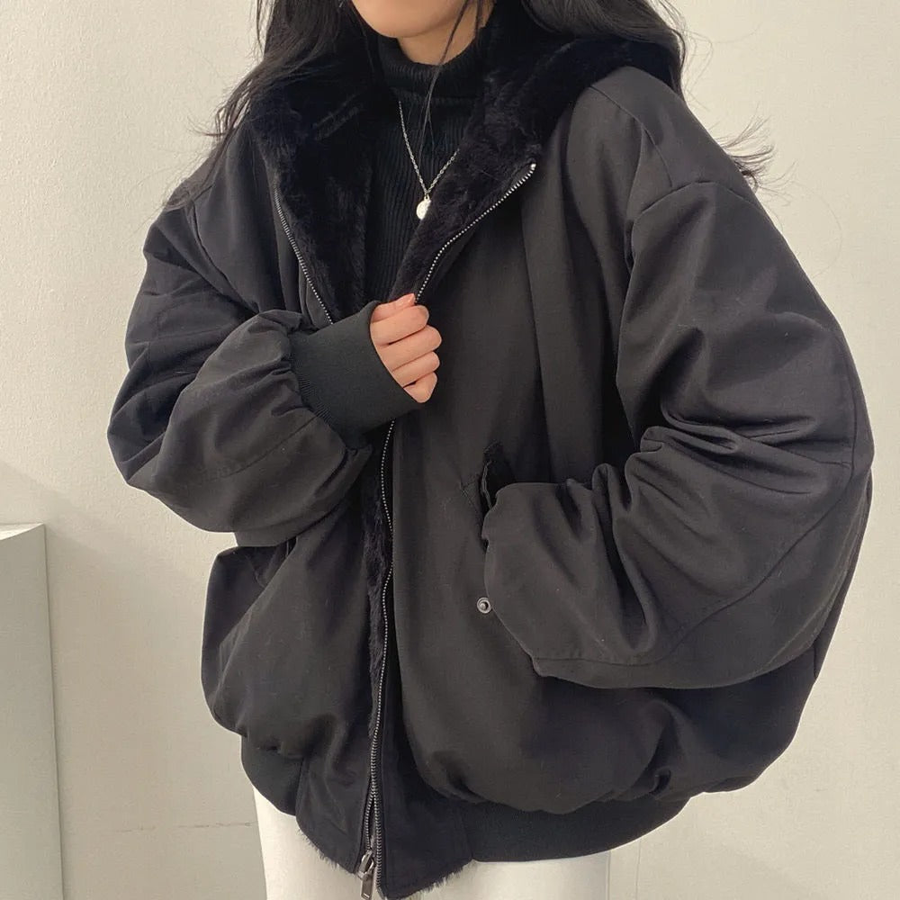 Oversized fleece jacket with hood Lined jacket for women