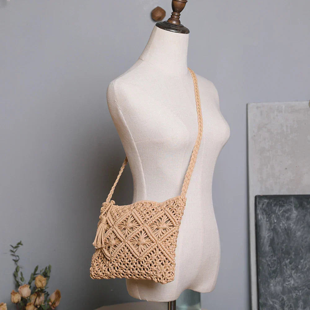 Boho woven straw shoulder bag for women