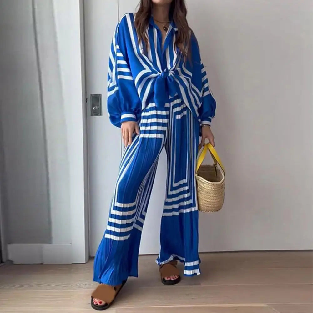 Striking striped shirt and wide-leg trousers