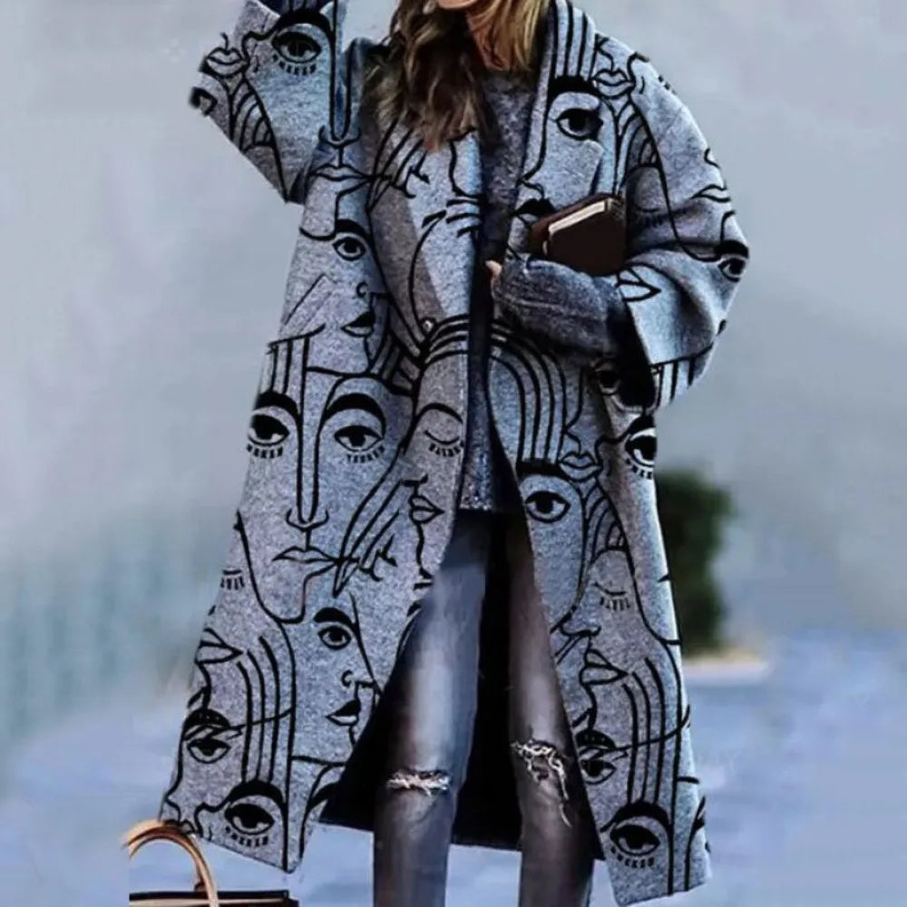 Trench coat with abstract print and wide lapel