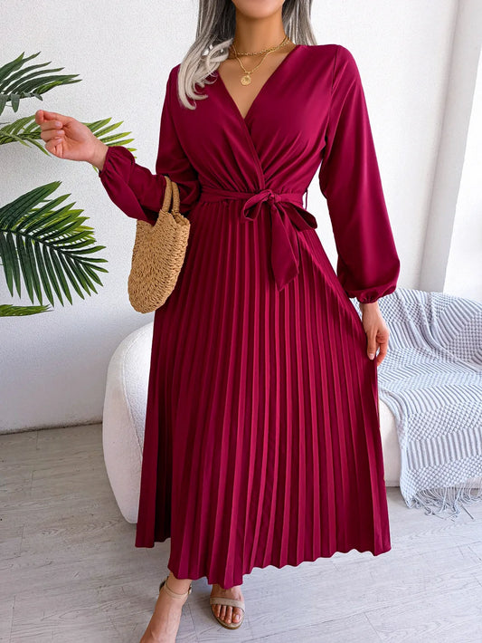 Ladies V-neck pleated maxi dress long sleeve