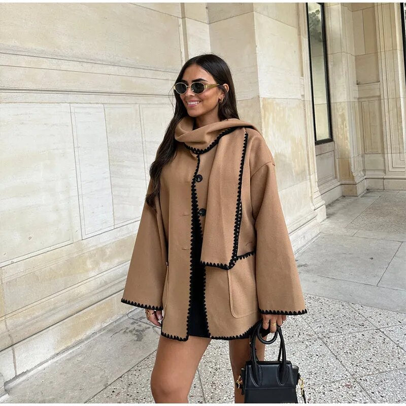 Long-sleeve coat with scarf