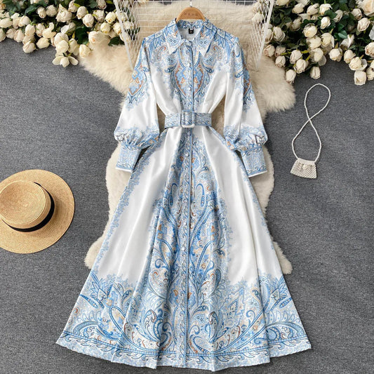 A-line dress with floral pattern belt