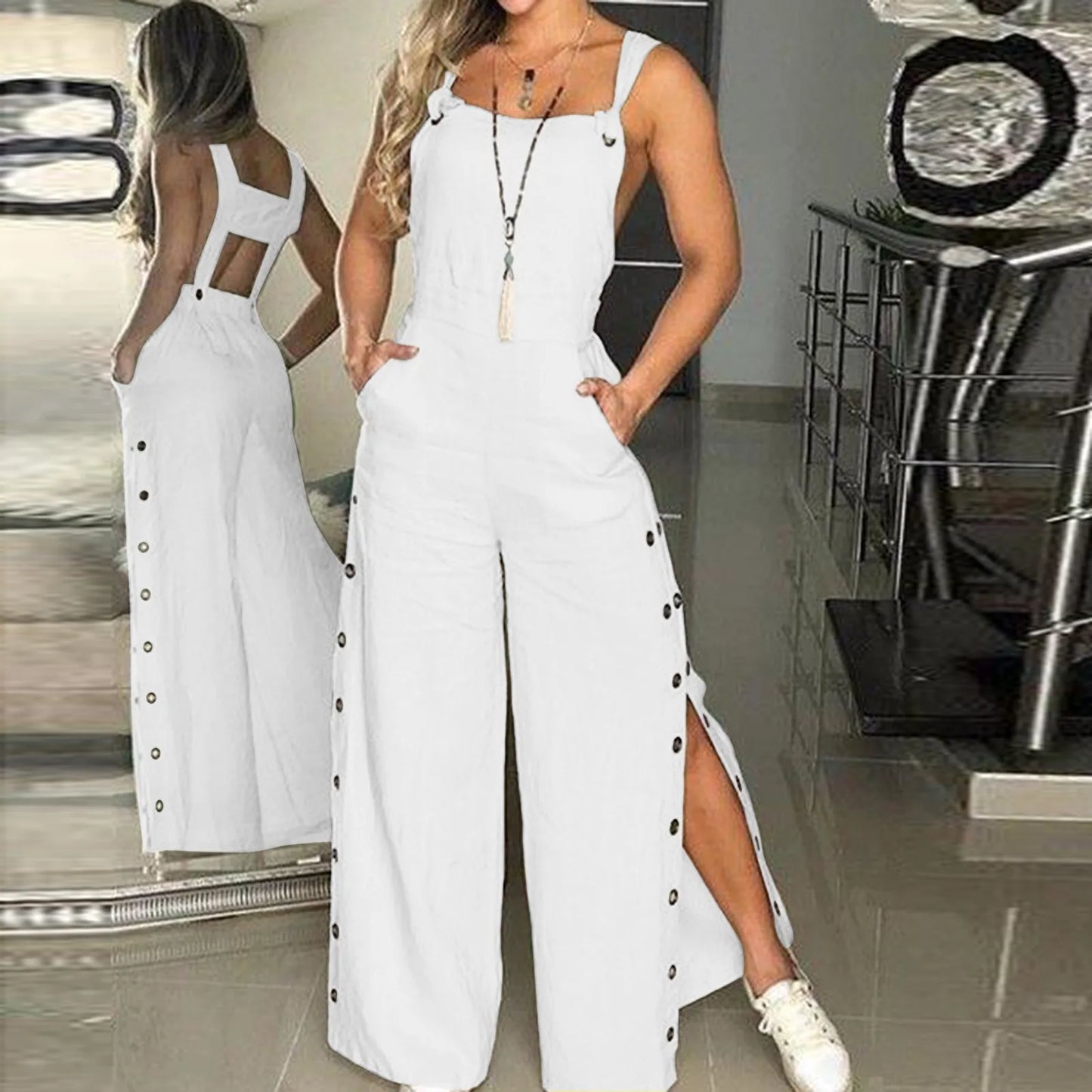 Summer jumpsuit with sleeveless twisted knots and pockets