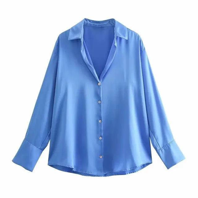 Ladies' satin button down blouse: long sleeve, V-neck