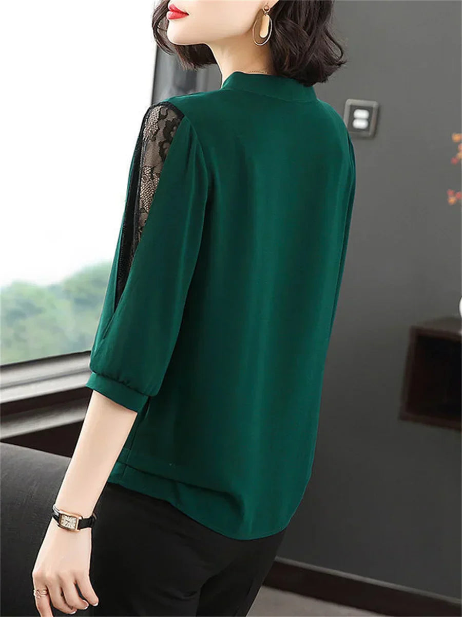 Blouse with bow collar and lace sleeves