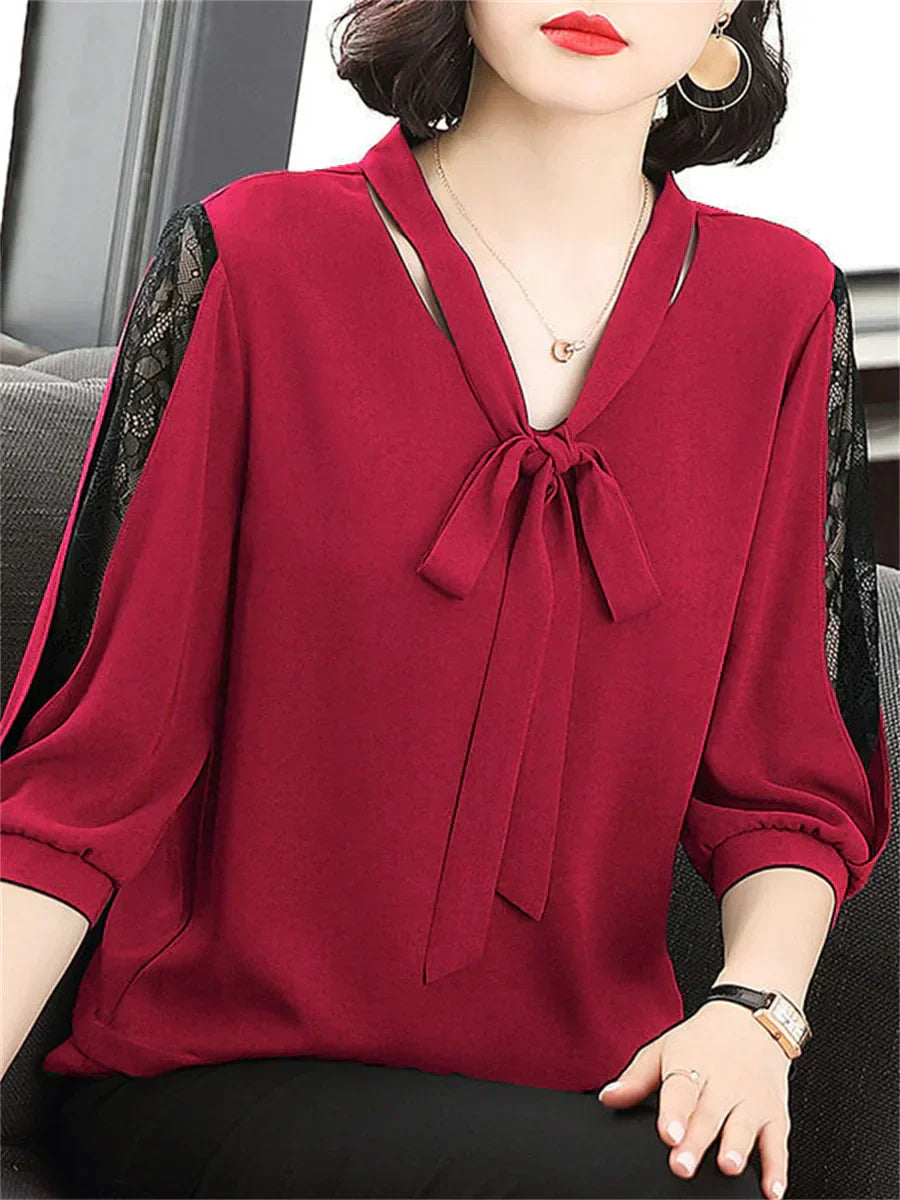 Blouse with bow collar and lace sleeves