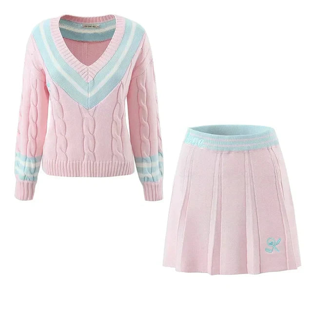 Cable knit tennis jumper and pleated skirt set