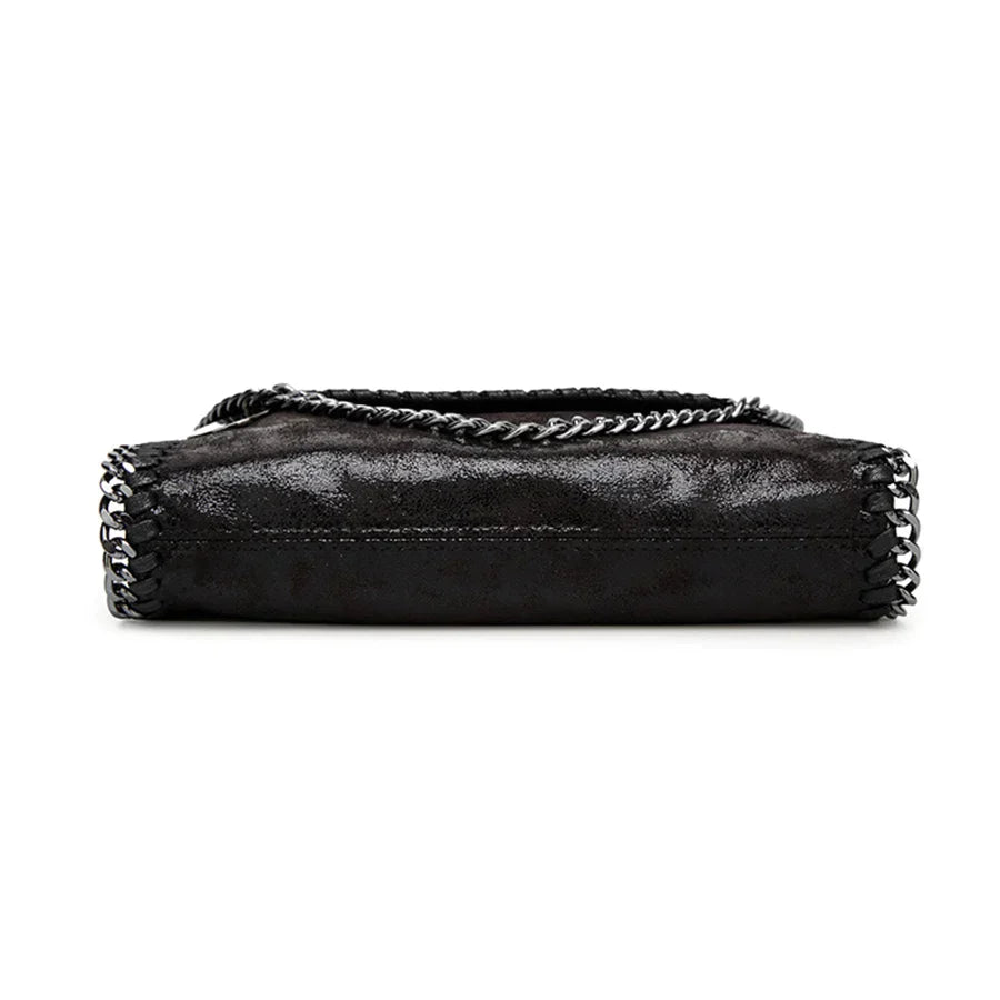 Suede clutch with chain embellishment