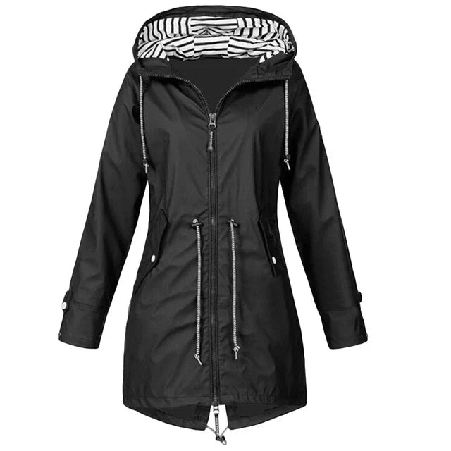 Women's waterproof hoodie trench coat with drawstring waist, zip and outer pockets