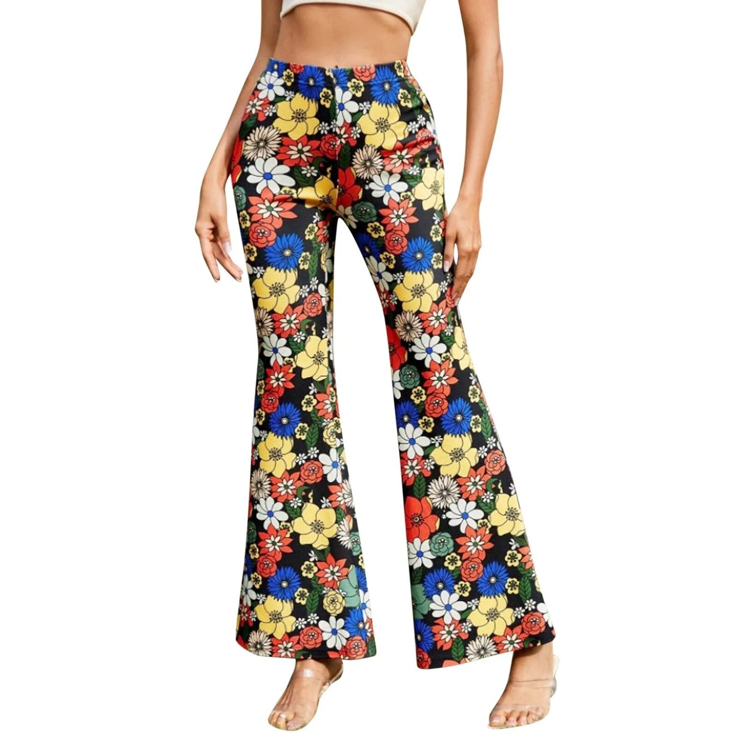 Women's Elastic Waist Floral Flared Trousers