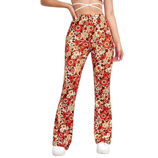 Flared Elastic Women's Trousers With Floral Pattern And Waist