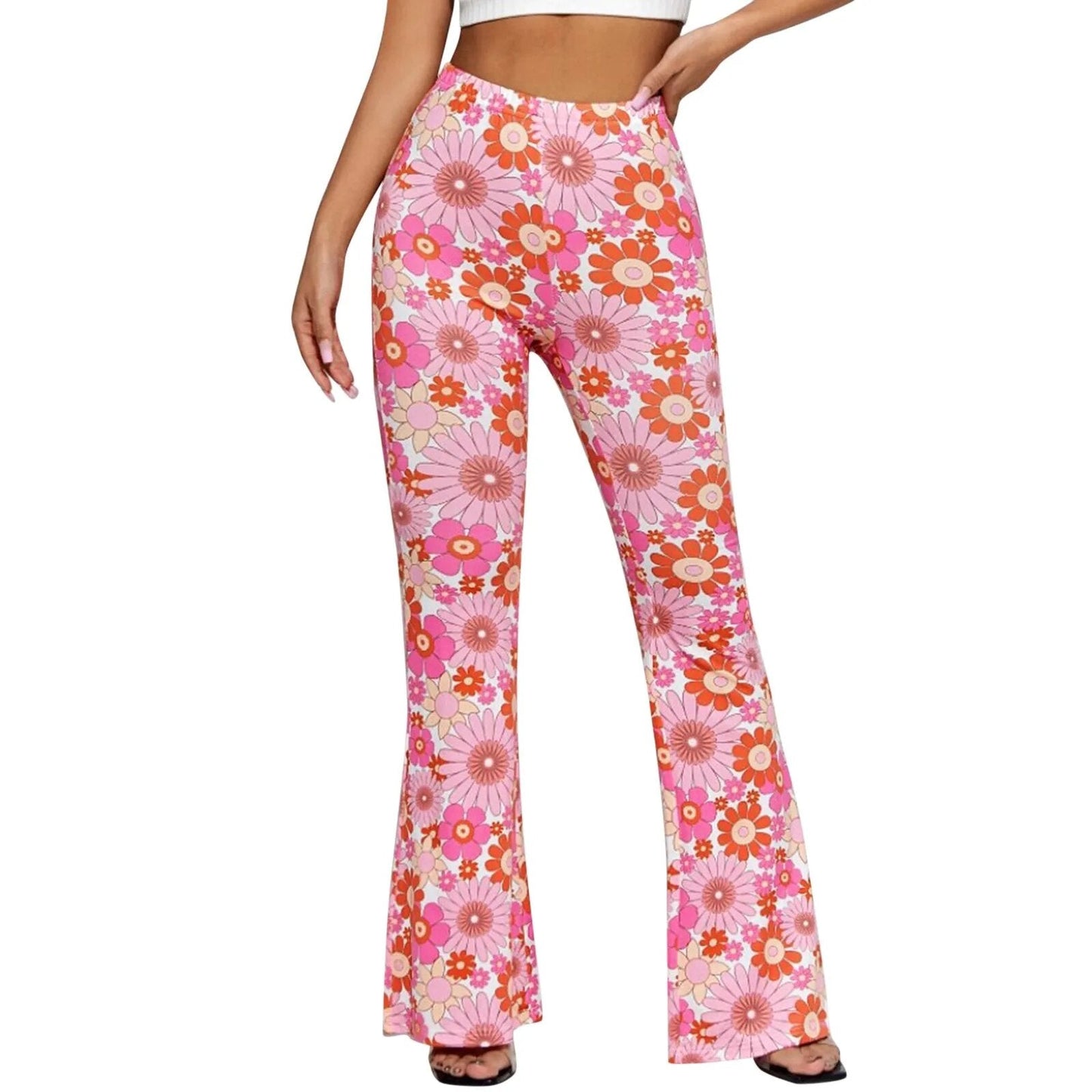 Flared Elastic Women's Trousers With Floral Pattern And Waist