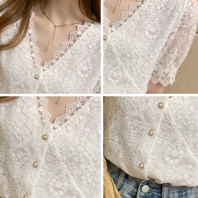 Hollowed-out lace blouses with buttons