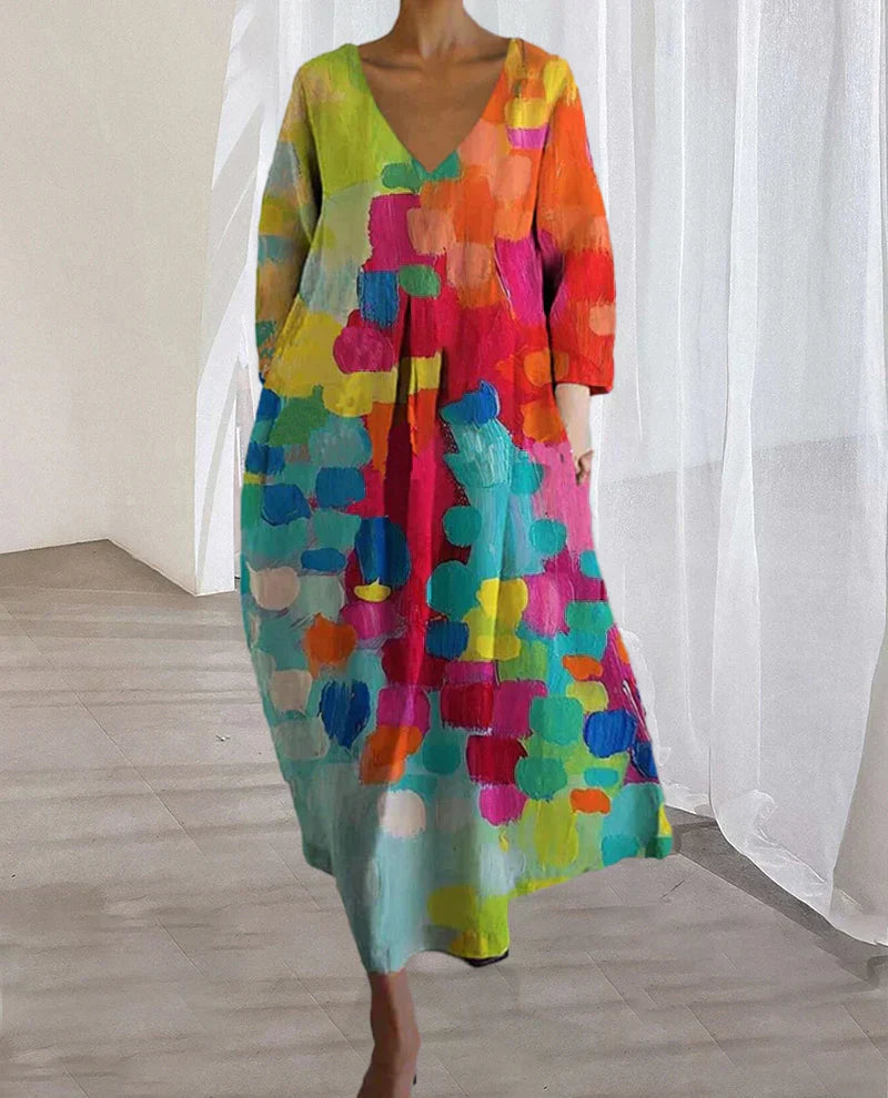 Colourful printed dress with V-neckline