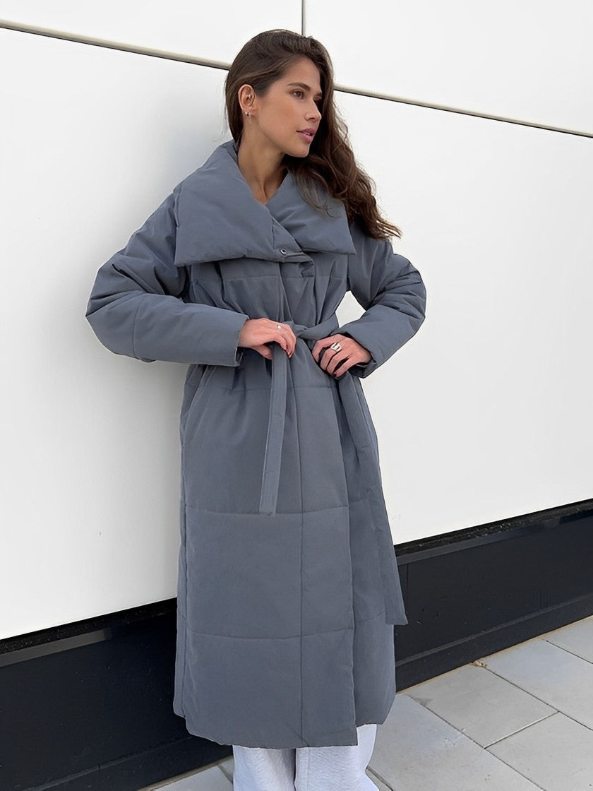 Women - Long Winter Coat - Warm Fabric with Waist Belt - Stylish Outerwear for Cold Weather