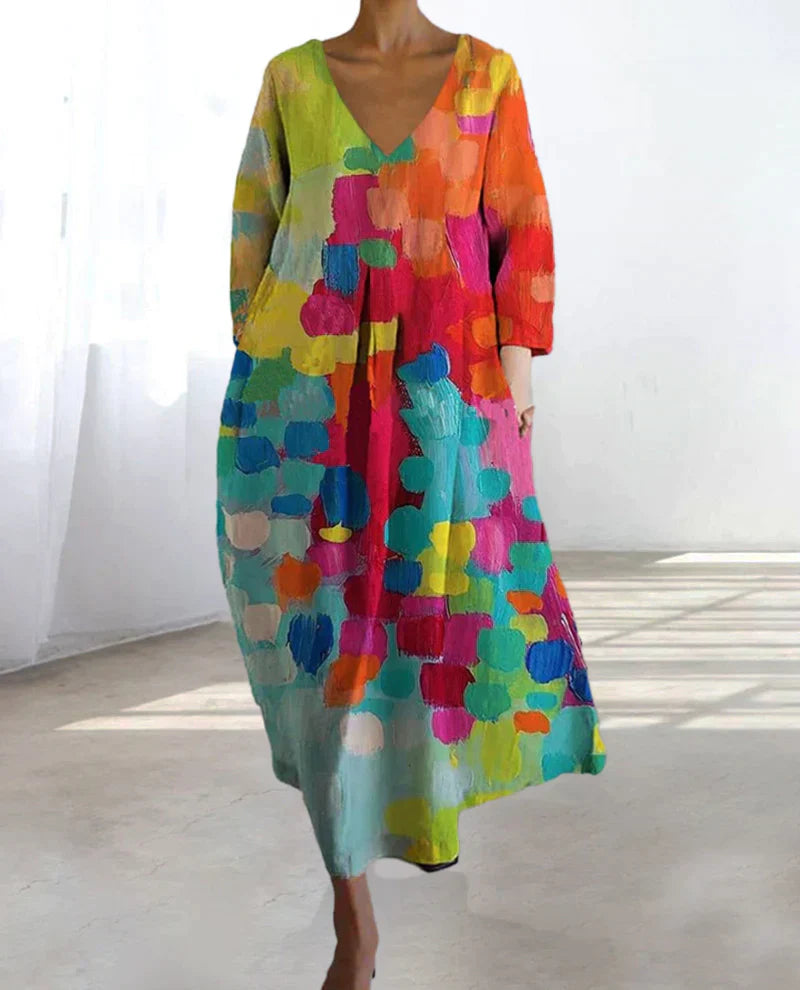 Colourful printed dress with V-neckline