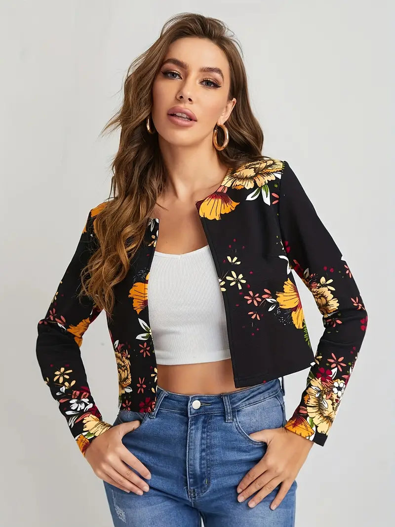 Elegant, Simple Blazer With Open Front and Flowers