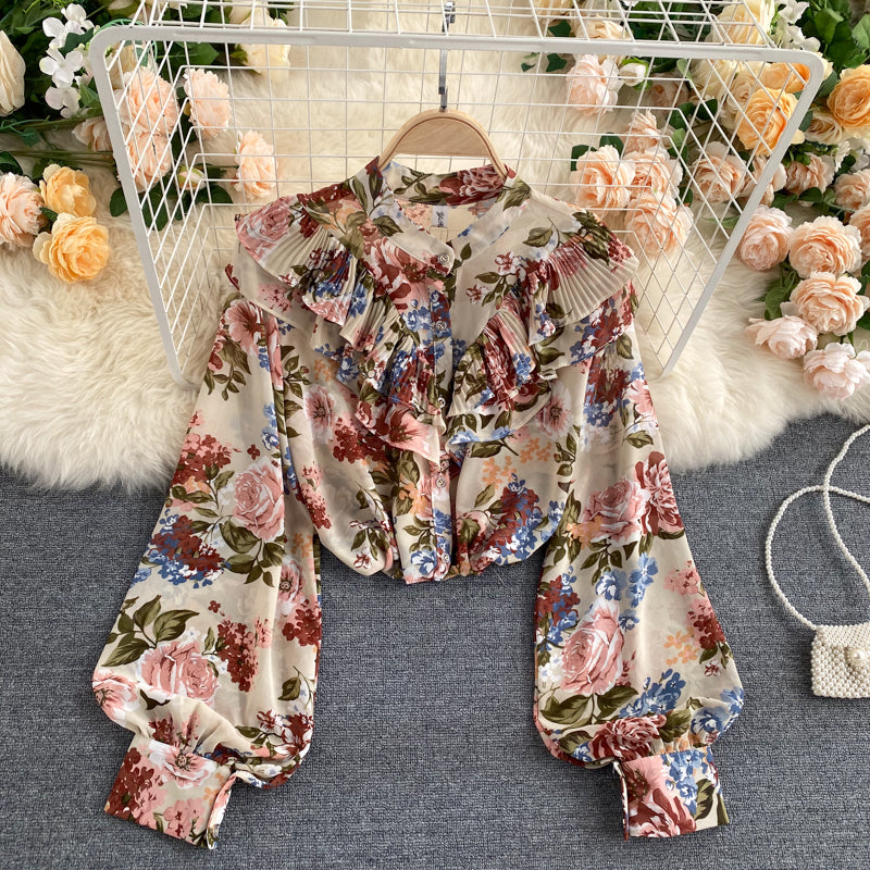 Sweet Pleated Ruffled Slim-fitting Puff Sleeve Chiffon Bluse