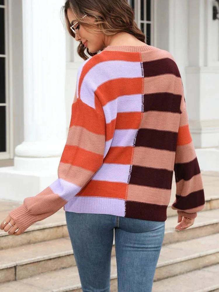 Women's Knitted Jumper - Colourful Striped Design - Cozy and Stylish - Perfect for Layering