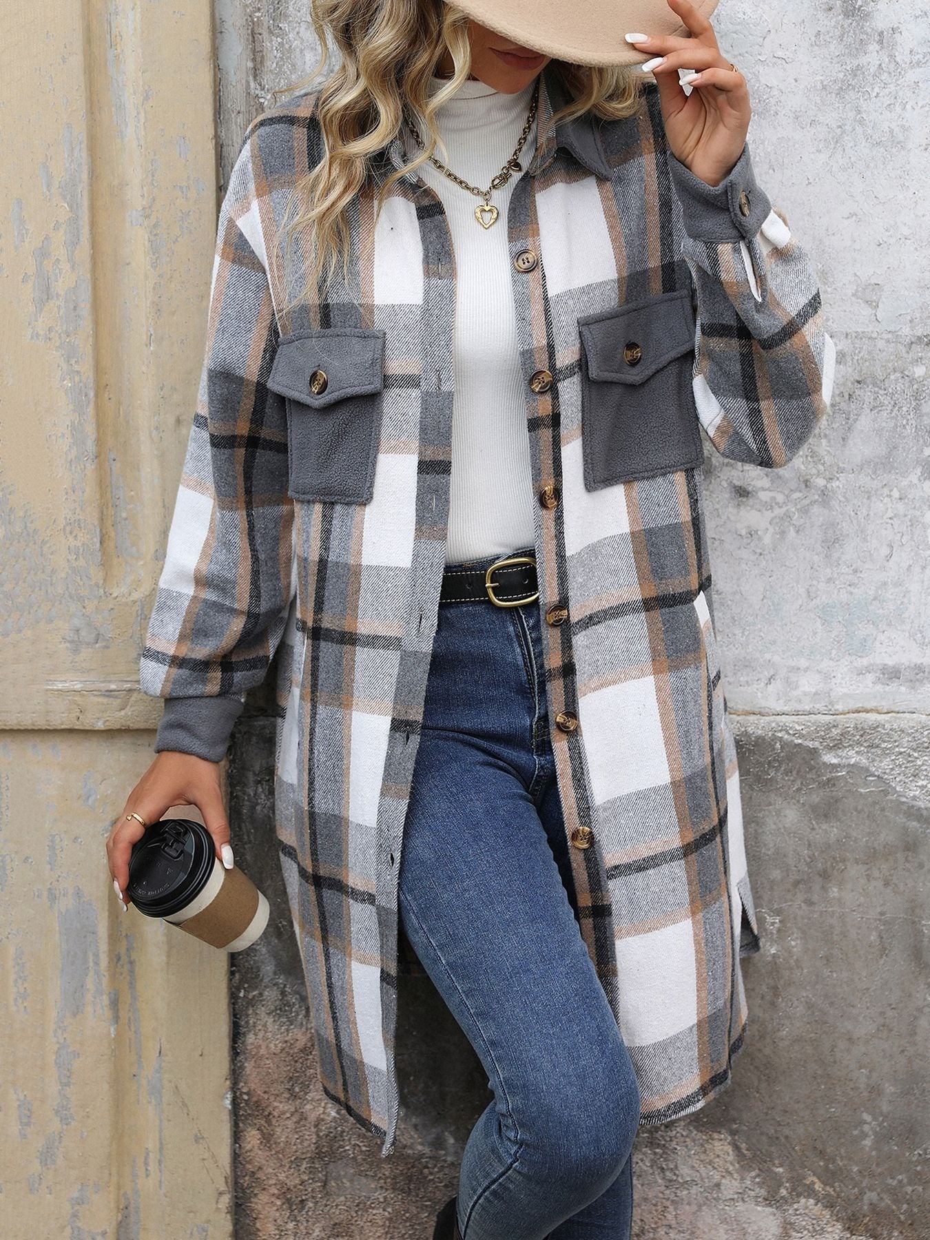 Women - Long Jacket - Checked Design with Pockets - Casual Everyday Outerwear