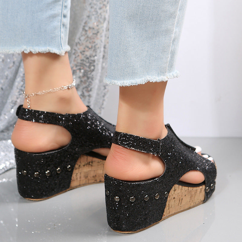 Designer summer chunky wedges sandals fashion sequins velcro fastening