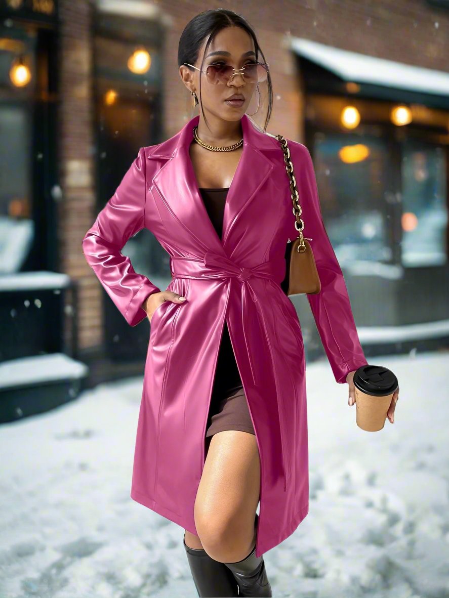 Women - Long Trench Coat - Narrow Fit Leather - Stylish Elegant Outerwear for Every Occasion