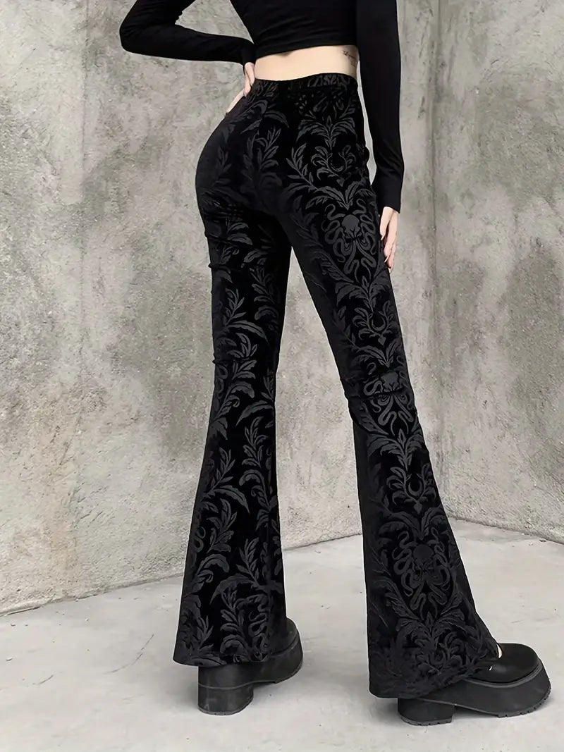 Women - High-Waisted Trousers - Gothic Floral Pattern - Stylish and Unique Design