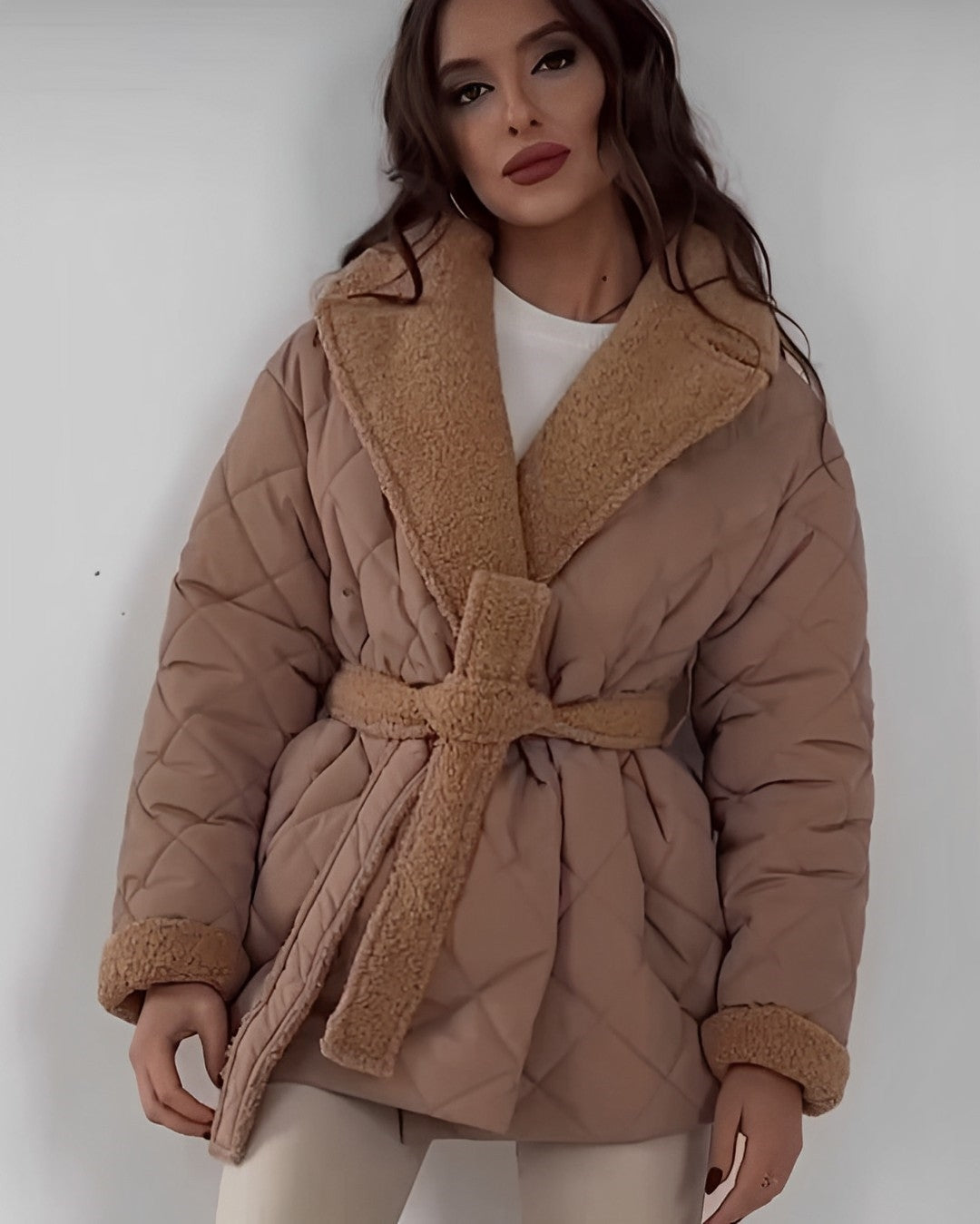 Women - Winter Coat - Warm Fabric with Waist Belt - Stylish Outerwear for Cold Weather