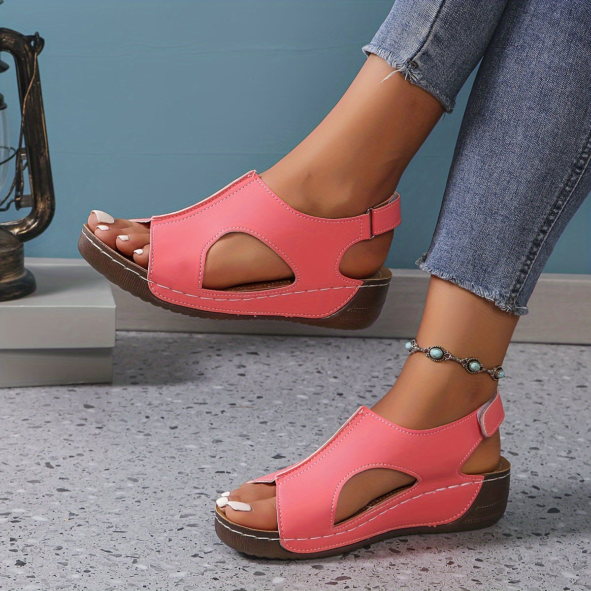 Women's - Wedge Sandals - Comfortable Velcro Fastening - Round Toe - Timeless Style for Everyday Wear