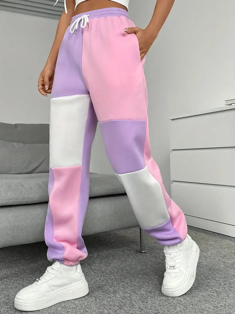 Women's Jogger Trousers - Colour Block Loose Fit - Comfortable Drawstring Style - Casual Athletic Wear