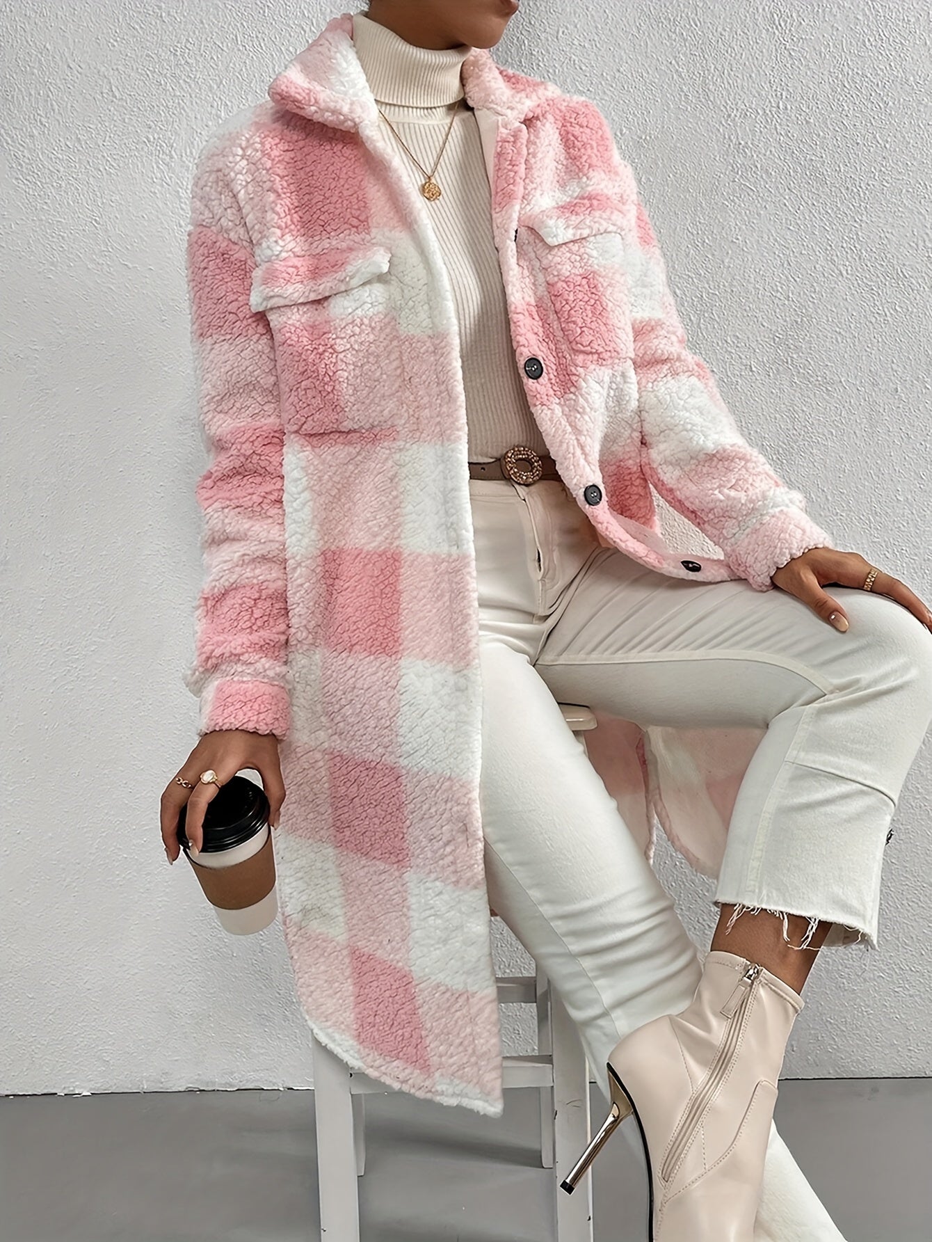 Elegant checked teddy coat