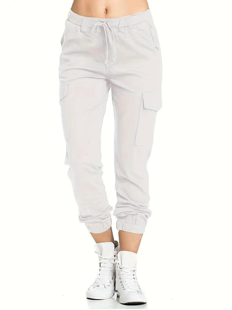 Casual women's trousers with drawstring in cargo style