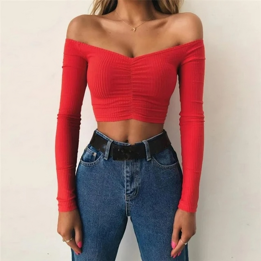 Sexy off-shoulder cut-off long sleeve for women