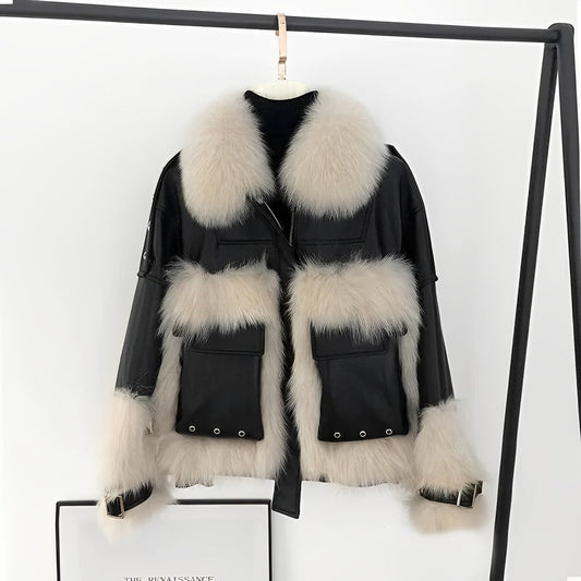 Women - Loose Leather Coat - Faux Fur Trim - Stylish Leather Outerwear for Cold Weather