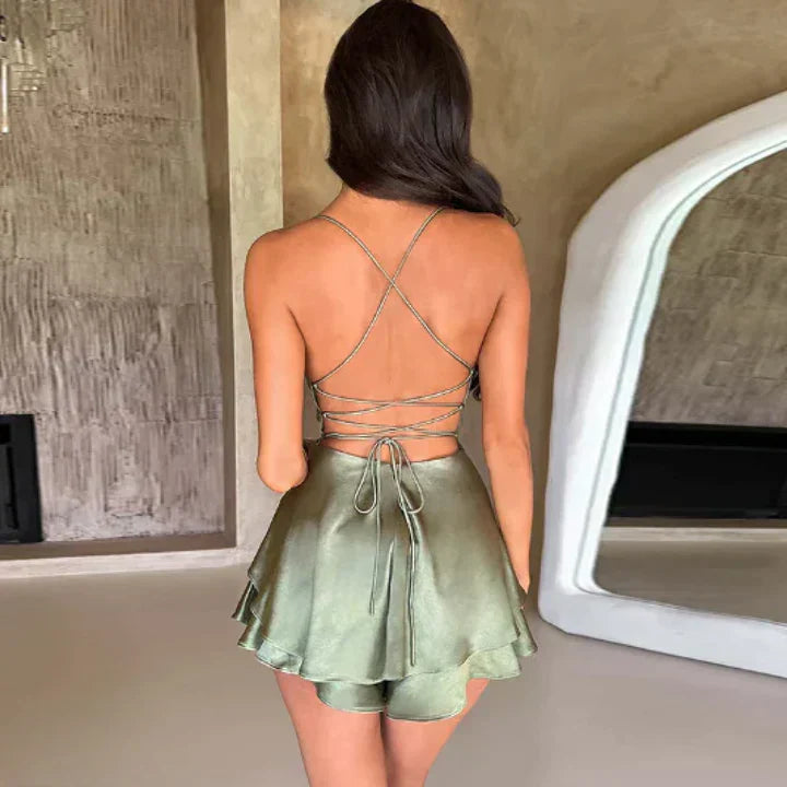 Backless romper satin dress