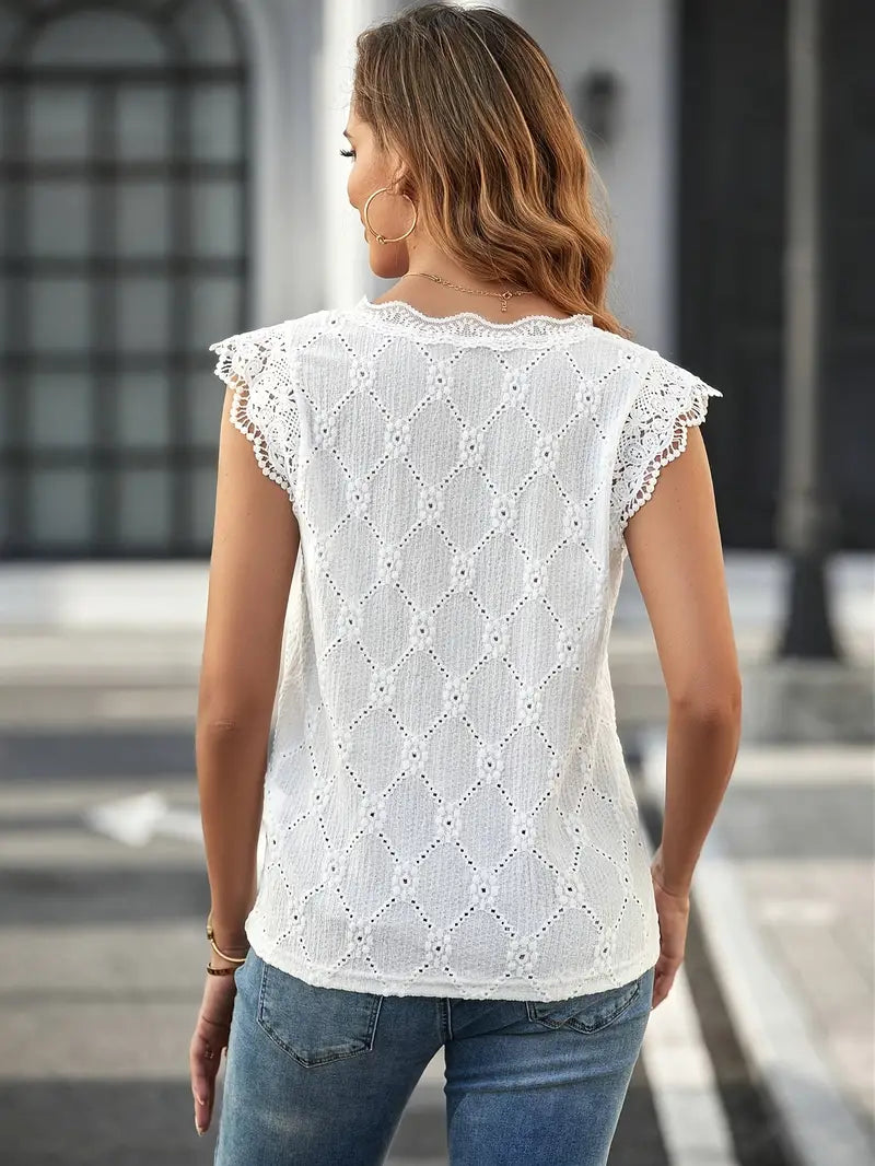 Plain Floral Blouse With V-Neck and Lace Embroidery